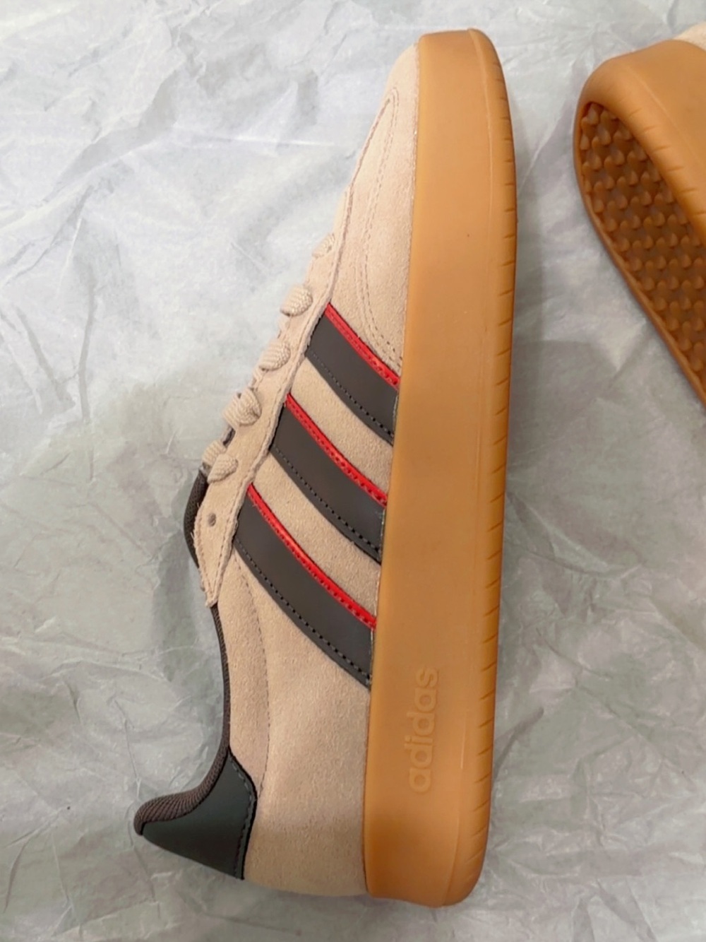 BARREDA adidas Men’s Suede Gum Sole Sneakers in Beige with Black & Red Stripes